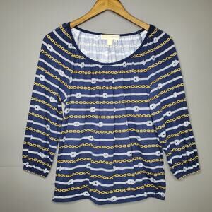 MICHAEL KORS 3/4 SLEEVE BLOUSE SIZE SMALL BLUE GOLD CHAIN WHITE KNOT DESIGN